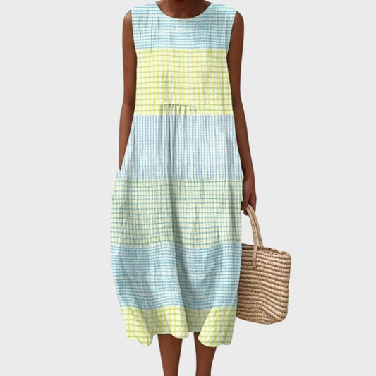 Vestido Midi Estampado de Cuadros Sin Mangas Capas