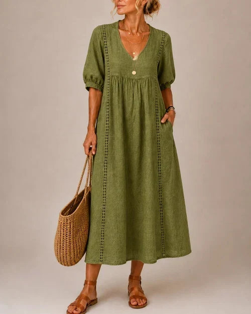 Vestido Midi Veraniego con Escote en V y Detalle de Encaje